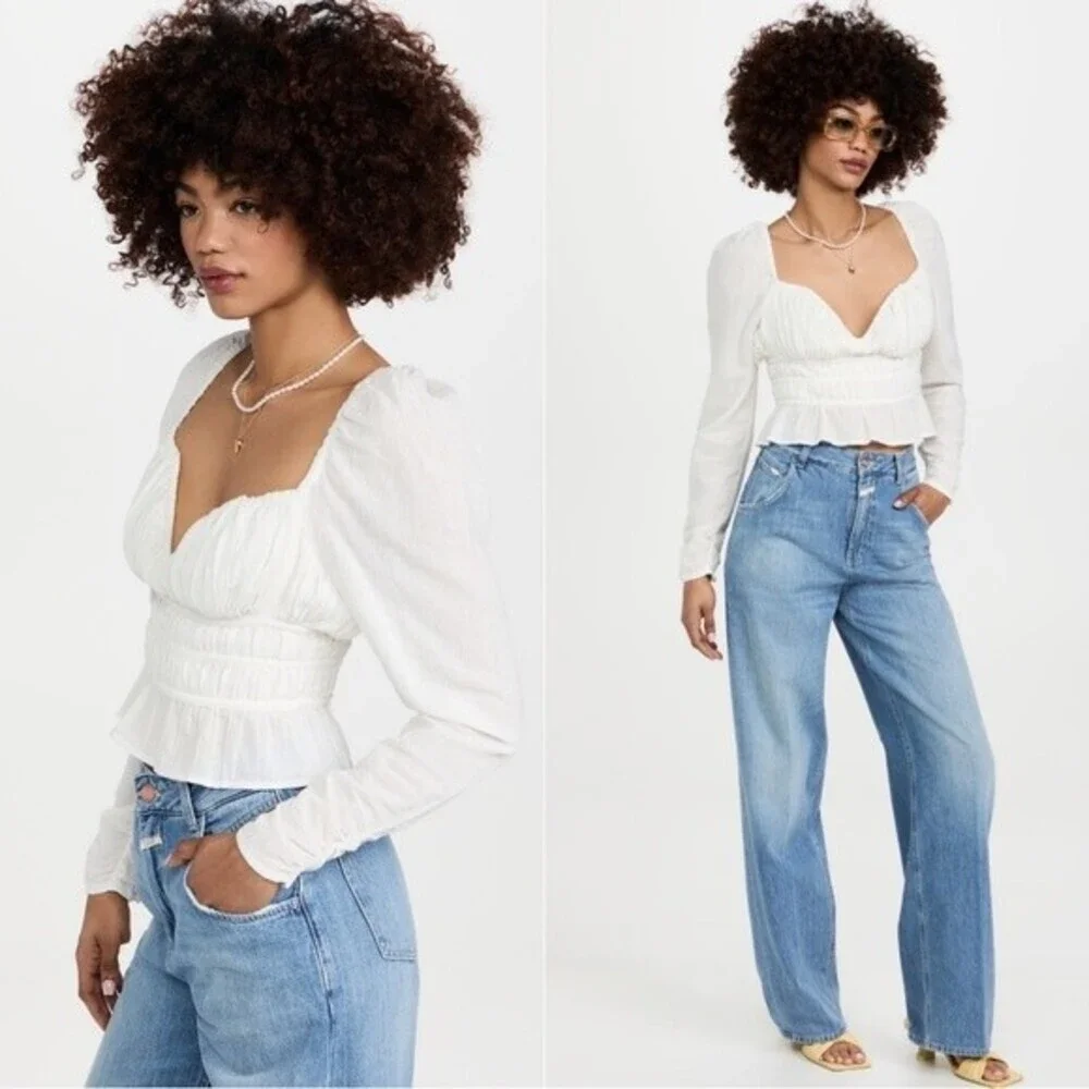 FREE PEOPLE Chloe Top XS White Puff Sleeves Smocked Cottagecore Boho Coquette